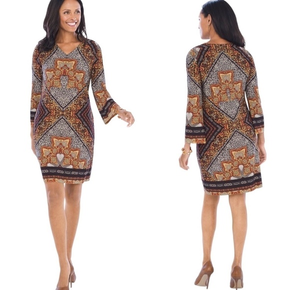 CHICO’S Animal Paisley Medallion Dress Bracelet Flared Long Sleeve US Sz L - Picture 1 of 10
